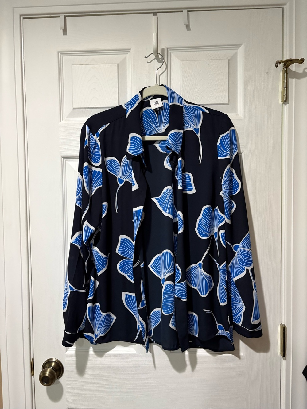 CAbi Navy Blouse with Blue and White Floral Print